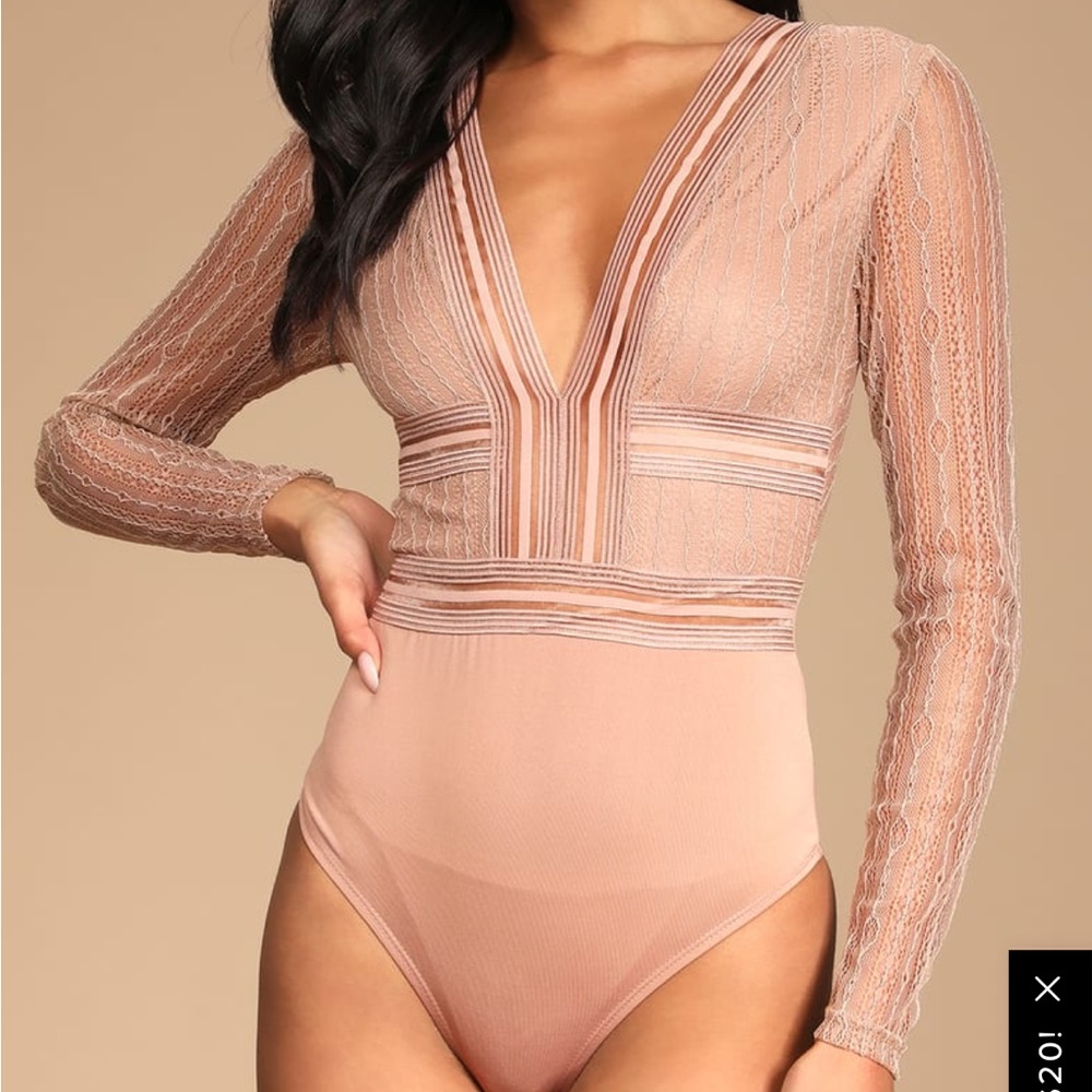 Lulus Casita Beige Sheer Lace Long Sleeve Bodysuit